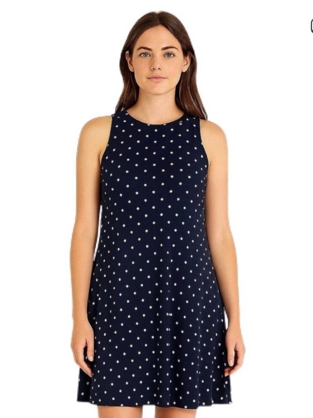 Sleeveless Navy Polka Dot A-Line Dress